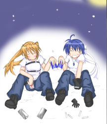 Rule 34 | 00s, 2girls, :d, ^ ^, ahoge, androgynous, blue hair, blush, brown hair, can, closed eyes, denim, drink, drink can, floating hair, full body, grin, holding, jeans, lowres, lyrical nanoha, mahou shoujo lyrical nanoha, mahou shoujo lyrical nanoha strikers, multiple girls, open mouth, pants, shirt, short hair, short sleeves, smile, soda can, subaru nakajima, teana lanster, teeth, twintails, white shirt, wind