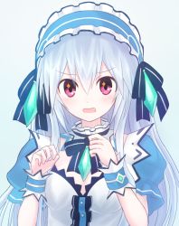 Rule 34 | 1girl, black ribbon, blue hairband, blush, breasts, buttons, center frills, detached collar, fairy fencer f, frilled hairband, frills, gradient background, hair between eyes, hairband, hands up, lolita hairband, long hair, looking at viewer, medium breasts, official style, open mouth, pink eyes, puffy short sleeves, puffy sleeves, ribbon, short sleeves, silver hair, solo, striped ribbon, suta (clusta), tiara (fairy fencer f), v-shaped eyebrows, very long hair