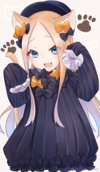 Rule 34 | 1girl, abigail williams (fate), animal ears, black bow, black dress, black hat, blonde hair, blue eyes, bow, breasts, cat ears, cat girl, cat tail, dress, fang, fate/grand order, fate (series), forehead, hair bow, hat, highres, kubomi 943, long hair, multiple bows, open mouth, orange bow, parted bangs, paw pose, polka dot, polka dot bow, ribbed dress, sleeves past fingers, sleeves past wrists, small breasts, smile, solo, tail