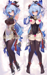 Rule 34 | 1girl, ahoge, arm up, armpits, arms up, bare shoulders, bell, between breasts, black gloves, black leotard, black pantyhose, blue hair, blush, bodystocking, bodysuit, breasts, breasts out, censored, chinese knot, clothes between breasts, comiket 101, covered navel, dakimakura (medium), detached sleeves, feet, flower knot, full body, ganyu (genshin impact), genshin impact, gloves, gold trim, groin, heart, heart censor, high heels, highres, horns, legs together, leotard, leotard under clothes, light smile, long hair, looking at viewer, lying, medium breasts, multiple views, neck bell, no shoes, nose blush, on back, paid reward available, pantyhose, purple eyes, sample watermark, shirokitsune, sideboob, sidelocks, smile, tassel, taut clothes, taut leotard, thighlet, thighs, torn clothes, torn pantyhose, vision (genshin impact), waist cape, watermark, white sleeves