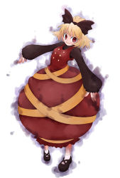 Rule 34 | 1girl, black bow, blonde hair, bow, buttons, female focus, full body, hair bow, itsukage, kurodani yamame, long sleeves, looking at viewer, ponytail, red eyes, short hair, simple background, solo, standing, touhou, white background