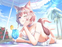 Rule 34 | 1girl, absurdres, animal ears, brown hair, colored eyelashes, drink, fox ears, fox tail, hakui koyori, harutaro 5d, highres, hololive, lying, navel, on stomach, outdoors, solo, sunlight, swimsuit, tail, virtual youtuber