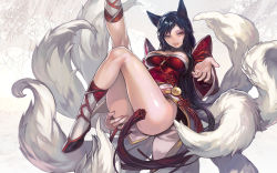 Rule 34 | 1girl, ahri (league of legends), animal ears, aoin, black hair, breasts, censored, convenient censoring, covered erect nipples, facial mark, fox ears, fox tail, highres, korean clothes, large breasts, league of legends, leg lift, legs, lips, long hair, multiple tails, naughty face, no panties, smile, solo, tail, thighs, whisker markings, yellow eyes