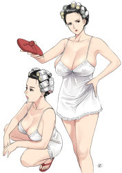 Rule 34 | 1girl, black eyes, black hair, breasts, chemise, cigarette, cleavage, collarbone, flip-flops, hair rollers, hand on own hip, highres, holding, holding shoes, holding weapon, kung fu hustle, landlady (kung fu hustle), large breasts, lipstick, looking at viewer, makeup, mole, mole under mouth, multiple views, nightgown, red lips, sandals, shoes, signature, sitting, solo, thighs, weapon, white background, white chemise, white nightgown, xter