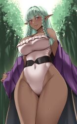 Rule 34 | 1girl, akitsuki karasu, braid, breasts, closed mouth, covered navel, dark-skinned female, dark skin, forest, green hair, heart, heart-shaped pupils, highres, large breasts, long hair, long sleeves, looking at viewer, nature, off shoulder, outdoors, pink eyes, pointy ears, red eyes, rosalinde (unicorn overlord), smile, solo, symbol-shaped pupils, tree, twin braids, unicorn overlord, wet