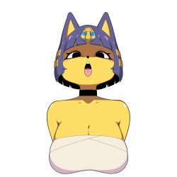 Rule 34 | 1girl, ahegao, animal crossing, animal ears, ankha (animal crossing), bare shoulders, black eyes, blue hair, blunt bangs, bob cut, breasts, cat, cleavage, colored skin, dot nose, drawing, furry, furry female, hair ornament, highres, large breasts, lineart, looking at viewer, nintendo, open mouth, potatoartox, self-upload, simple background, smile, solo, tareme, tongue, tongue out, upper body, white background, yellow skin