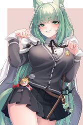 Rule 34 | 1girl, absurdres, animal ear fluff, animal ears, arknights, belt, black skirt, blush, breasts, brown belt, cape, cardigan, cat ears, commentary, cowboy shot, green eyes, green hair, grey cardigan, grin, hands up, harmonie (arknights), highres, large breasts, long hair, looking at viewer, miniskirt, nameko houshi, pleated skirt, shirt, skirt, smile, solo, standing, thighs, very long hair, white cape, white shirt