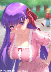 Rule 34 | 1girl, absurdres, bb (fate), bb (fate/extra), blush, breasts, cleavage, collarbone, dress, fate/extra, fate/extra ccc, fate (series), hair ribbon, highres, kamehito, large breasts, long hair, looking at viewer, pink dress, pout, purple eyes, purple hair, red ribbon, ribbon, solo, very long hair