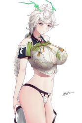 Rule 34 | 1girl, absurdres, artist name, bare shoulders, braid, braided ponytail, breasts, closed mouth, dated, grey hair, highres, huge breasts, kantai collection, large breasts, long hair, looking at viewer, navel, odachu, panties, shirt, sleeveless, sleeveless shirt, solo, underwear, unryuu (kancolle), yellow eyes