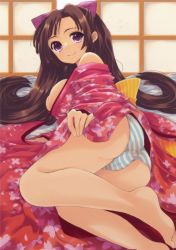 Rule 34 | 1girl, absurdres, ass, bare legs, bare shoulders, barefoot, blurry, bow, breasts, brown hair, cameltoe, floral print, hair bow, highres, japanese clothes, kimono, legs, long hair, looking at viewer, lying, obi, off shoulder, on side, original, panties, parted bangs, purple eyes, sakurai unan, sash, scan, smile, solo, striped clothes, striped panties, underwear