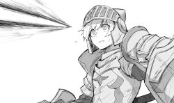 Rule 34 | 1girl, armor, attack, fate/grand order, fate (series), full armor, gareth (fate), greyscale, helmet, highres, kankan33333, monochrome, motion blur, pauldrons, shield, shoulder armor, white background