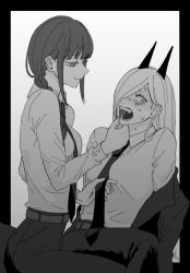 Rule 34 | + +, 2girls, bad id, bad twitter id, belt, black necktie, black pants, braid, braided ponytail, breasts, business suit, chainsaw man, collared shirt, couple, cross-shaped pupils, crosshair pupils, demon girl, demon horns, eyebrows hidden by hair, fangs, formal, gen29192, grabbing, greyscale, hair over one eye, hand on another&#039;s chin, highres, hood, horns, jacket, unworn jacket, light smile, long hair, long sleeves, looking at another, looking at viewer, makima (chainsaw man), medium breasts, monochrome, multiple girls, necktie, nervous, open mouth, pants, power (chainsaw man), ringed eyes, scared, shirt, shirt tucked in, sitting, sitting on lap, sitting on person, smile, suit, sweat, symbol-shaped pupils, tomboy, very long hair, white shirt, you gonna get raped, yuri