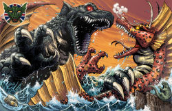 Rule 34 | age difference, british flag, city, creature from the black lagoon, crossover, dinosaur, fins, fire, gill man, glasses, godzilla (series), gorgo, gorgo (film), head fins, kaijuu, king brothers productions, kyoryu, london, matt frank, monster, mother and child, mother and son, multiple crossover, no humans, ogra, open mouth, parent and child, partially submerged, red eyes, tail, terror of mechagodzilla, titanosaurus, toho, universal studios, water, yellow eyes
