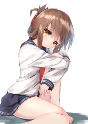 Rule 34 | 10s, 1girl, barefoot, brown hair, folded ponytail, from side, hair ornament, hamaru (s5625t), inazuma (kancolle), kantai collection, hugging own legs, long sleeves, looking at viewer, pleated skirt, school uniform, serafuku, sidelocks, sitting, skirt, smile, solo, white background, yellow eyes