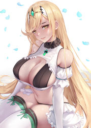 Rule 34 | 1girl, absurdres, bare shoulders, black bra, black panties, blonde hair, blue wristband, bra, breasts, chihunhentai, collar, detached leggings, detached sleeves, frilled collar, frilled sleeves, frills, green ribbon, hair ornament, highres, large breasts, long hair, looking at viewer, mythra (xenoblade), navel, nintendo, on floor, panties, ribbon, seductive smile, simple background, sitting, smile, stomach, thick thighs, thighs, tiara, underwear, white background, wristband, xenoblade chronicles (series), xenoblade chronicles 2