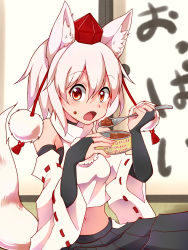 Rule 34 | 1girl, animal ears, bare shoulders, black skirt, blush, bridal gauntlets, can, commentary request, crop top, cropped shirt, detached sleeves, eating, fingernails, food, food on face, hair between eyes, hands up, hat, highres, holding, holding can, holding spoon, indoors, inubashiri momiji, jeff17, looking at viewer, medium hair, midriff, navel, open mouth, pink hair, pom pom (clothes), red eyes, ribbon-trimmed sleeves, ribbon trim, shirt, sitting, skirt, sleeveless, sleeveless shirt, solo, spoon, stomach, tail, tokin hat, touhou, translation request, turtleneck, upper body, white shirt, wide sleeves, wolf ears, wolf tail