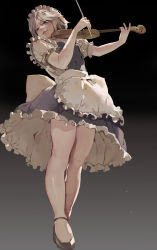 Rule 34 | 1girl, absurdres, backlighting, blue dress, blue eyes, blush, dress, frilled dress, frilled sleeves, frills, high heels, highres, holding, holding instrument, holding violin, instrument, izayoi sakuya, lips, looking at viewer, looking down, maid, maid headdress, masaki (ekakiningen), nose, parted bangs, perspective, shirt, short dress, short hair, short sleeves, sideways glance, solo, thighs, touhou, two-tone background, violin, white hair, white shirt