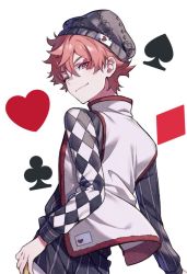 Rule 34 | 1boy, ace (playing card), ace of hearts, ace trappola, beanie, card, club (shape), diamond (shape), facial tattoo, from behind, hand on own hip, hat, heart, jacket, looking at viewer, looking back, male focus, multicolored clothes, multicolored jacket, one eye closed, playing card, print jacket, red eyes, red hair, shirt, smirk, solo, spade (shape), striped clothes, striped shirt, tattoo, tuze111, twisted wonderland, white background