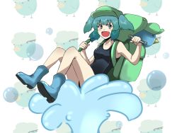 Rule 34 | 1girl, :d, aqua eyes, aqua hair, backpack, bag, boots, breasts, bubble, cucumber, female focus, hat, kappa, kawashiro nitori, one-piece swimsuit, open mouth, randoseru, reon (pixiv), reon (saikyou), school swimsuit, short hair, smile, solo, swimsuit, touhou, twintails, two side up, water, white background, wrench