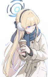 Rule 34 | 1girl, blonde hair, blue archive, blue eyes, blue hair, blue halo, blue scarf, blush, closed mouth, coat, coffee cup, cup, dan (kumadan), disposable cup, earmuffs, halo, highres, holding, holding cup, long hair, long sleeves, multicolored hair, scarf, simple background, solo, streaked hair, toki (blue archive), white background, white coat