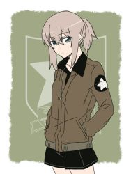 Rule 34 | 1girl, alternate hairstyle, blue eyes, collarbone, emblem, girls und panzer, hand in pocket, head tilt, itsumi erika, jacket, light frown, long hair, looking at viewer, ponytail, saunders (emblem), saunders military uniform, short shorts, shorts, silver hair, solo, thighs, torinone