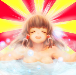 Rule 34 | 1girl, bathing, blush, breasts, brown hair, closed eyes, commentary request, cookie (touhou), frilled hair tubes, frills, hair tubes, hakurei reimu, kanna (cookie), khn (kihana), large breasts, long hair, no headwear, open mouth, revision, smile, solo, sunburst, sunburst background, touhou, upper body, water