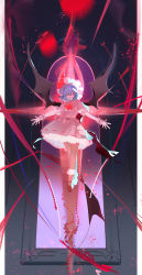 Rule 34 | 1girl, ascot, bat wings, blue hair, bobby socks, chinese clothes, collared shirt, commentary request, full body, hair between eyes, hat, hat ribbon, highres, looking at viewer, mary janes, mob cap, outstretched arms, parted lips, pillarboxed, puffy short sleeves, puffy sleeves, red ascot, red eyes, red footwear, red ribbon, remilia scarlet, ribbon, ribbon-trimmed skirt, ribbon trim, satonishi, shirt, shoes, short hair, short sleeves, skirt, smile, socks, solo, spear the gungnir, touhou, white hat, white shirt, white skirt, white socks, window, wings, wrist cuffs