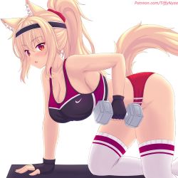 Rule 34 | 1girl, all fours, animal ear fluff, animal ears, bare arms, bare shoulders, black gloves, blonde hair, blush, breasts, buruma, cat ears, cat girl, cat tail, cleavage, commentary, english commentary, fingerless gloves, from side, gloves, highres, large breasts, long hair, looking at viewer, nike (company), nottytiffy, original, parted lips, patreon username, ponytail, red buruma, red eyes, solo, sports bra, tail, thighhighs, thighs, tiffy (nottytiffy), two-tone sports bra, weights, white background, white thighhighs