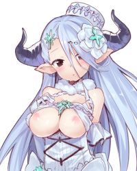 Rule 34 | 1girl, :o, bad id, bad twitter id, bare shoulders, blue hair, blush, breasts, breasts out, brown hair, draph, dress, flower, fur collar, gloves, granblue fantasy, hair between eyes, hair flower, hair ornament, hair over one eye, hat, head tilt, horns, izmir, large breasts, long hair, looking at viewer, mini hat, mole, mole under mouth, nipples, parted lips, pointy ears, sawayaka samehada, solo, upper body, very long hair, white dress, white gloves, white hat