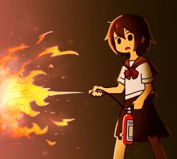 Rule 34 | 1girl, black eyes, black hair, black skirt, bow, bowtie, commentary request, feet out of frame, fire, fire extinguisher, highres, holding, legs apart, no sclera, open mouth, original, pleated skirt, red bow, red bowtie, school uniform, serafuku, shirt, short sleeves, skirt, solo, standing, takurada, white shirt