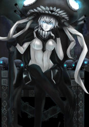 Rule 34 | 10s, 1girl, abyssal ship, bad id, bad pixiv id, black cape, black gloves, blue eyes, cane, cannon, cape, expressionless, gloves, glowing, glowing eyes, hand on cane, head rest, i-class destroyer, kantai collection, crossed legs, looking at viewer, pale skin, setu (pixiv3394201), sitting, solo, teeth, throne, white hair, wo-class aircraft carrier