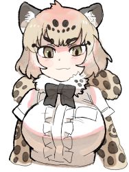 Rule 34 | 1girl, :3, animal ears, arms at sides, black bow, black bowtie, black hair, blonde hair, bow, bowtie, breast pocket, breasts, closed mouth, colored inner hair, cropped arms, cropped torso, elbow gloves, fur scarf, gloves, green eyes, igarashi (nogiheta), jaguar (kemono friends), jaguar ears, jaguar print, kemono friends, large breasts, looking at viewer, medium hair, multicolored eyes, multicolored hair, pocket, print gloves, print scarf, scarf, shirt, simple background, smile, solo, taut clothes, taut shirt, two-tone hair, upper body, white background, white shirt, yellow eyes