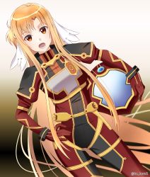Rule 34 | 1girl, asuna (stacia), bodysuit, brown eyes, brown hair, contrapposto, dutch angle, floating hair, hand on own hip, helmet, highres, holding, holding helmet, long hair, looking at viewer, open mouth, pilot suit, red bodysuit, solo, standing, sword art online, tu tora2, twitter username, very long hair