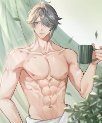 Rule 34 | 1boy, abs, absurdres, ahoge, alhaitham (genshin impact), blurry, blurry foreground, blush, closed mouth, collarbone, commentary, cup, curtains, english commentary, eyelashes, genshin impact, green eyes, grey hair, hair over one eye, hand up, highres, holding, holding cup, indoors, leaf, light rays, looking away, male focus, moontea bunny, mug, navel, nipples, one eye covered, parted bangs, pectorals, plant, short hair, sidelocks, solo, stomach, swept bangs, toned, toned male, topless male