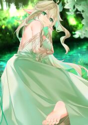 Rule 34 | 1girl, absurdres, ahoge, back cutout, barefoot, blonde hair, blurry, blurry background, chinese commentary, clothing cutout, commentary request, dress, eyelashes, feet, foot out of frame, from behind, genshin impact, gradient hair, green dress, green eyes, green hair, hair between eyes, hair ornament, highres, jiaotang xuebi, light smile, long hair, looking at viewer, multicolored hair, nature, on ground, paid reward available, river, rukkhadevata (genshin impact), see-through, see-through sleeves, sleeveless, sleeveless dress, soles, solo, sunlight, symbol-shaped pupils, very long hair