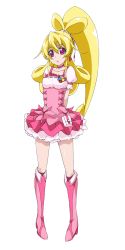 Rule 34 | 1girl, aida mana, blonde hair, boots, bow, choker, collarbone, color connection, cosplay, cure heart, cure peach, cure peach (cosplay), dokidoki! precure, dress, fresh precure!, half updo, highres, knee boots, long hair, magical girl, nanashishi, pink bow, pink eyes, pink footwear, ponytail, precure, solo