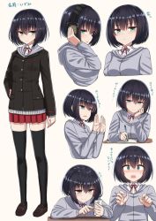 Rule 34 | 1girl, :o, @ @, aqua eyes, black hair, black jacket, black thighhighs, blazer, blush, book, breasts, brown footwear, buttons, cellphone, cheek rest, closed mouth, collared shirt, commentary request, frown, full body, grey hoodie, hair between eyes, hand on own hip, hands up, headphones, holding, holding pen, holding phone, hood, hood down, hoodie, jacket, loafers, long sleeves, looking at viewer, miniskirt, multiple views, neck ribbon, nose blush, notebook, open book, open mouth, original, parted lips, pen, phone, pleated skirt, red neckwear, red skirt, ribbon, school uniform, shirt, shoes, short hair, simple background, skirt, small breasts, standing, sweat, thighhighs, translation request, white background, white shirt, wing collar, yakob labo, zettai ryouiki