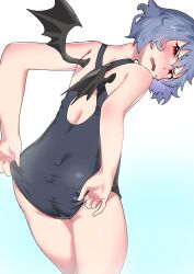 Rule 34 | 1girl, adjusting clothes, ass, bare shoulders, bat wings, black one-piece swimsuit, blue background, blue hair, blush, commentary request, cowboy shot, from behind, frown, gradient background, highres, leaning forward, one-piece swimsuit, open mouth, red eyes, remilia scarlet, short hair, sobayu to tenpura, solo, sweat, swimsuit, touhou, white background, wings