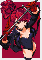 Rule 34 | 1girl, absurdres, black choker, black jacket, black leotard, black ribbon, border, breasts, buttons, choker, cleavage, closed mouth, collarbone, commentary request, floating hair, gloves, hair ribbon, highres, holding, holding sword, holding weapon, jacket, leotard, long hair, long sleeves, medium breasts, open clothes, open jacket, outside border, pekeponn, persona, persona 5, persona 5 the royal, ponytail, red background, red eyes, red gloves, red hair, ribbon, simple background, solo, sword, weapon, white border, yoshizawa kasumi
