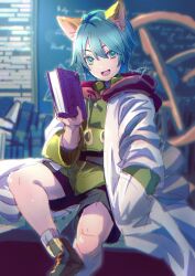 Rule 34 | 1boy, animal ears, blue eyes, blue hair, book, cat ears, green shirt, highres, holding, holding book, lab coat, leon geeste, looking at viewer, male focus, miyama (lacrima01), open mouth, pointy ears, red hood, shirt, short hair, shorts, smile, solo, star ocean, star ocean the second story
