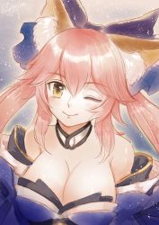 Rule 34 | 10s, animal ears, bare shoulders, breasts, cleavage, collarbone, detached sleeves, ecat, fate/extra, fate/extra ccc, fate/grand order, fate (series), fox ears, hair between eyes, hair ornament, hair ribbon, highres, large breasts, light smile, looking at viewer, looking up, one eye closed, pink hair, ribbon, solo, tamamo (fate), tamamo no mae (fate/extra), yellow eyes