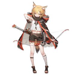 Rule 34 | 1girl, animal ears, arknights, armpits, arrow (projectile), bandaged arm, bandaged leg, bandages, bare shoulders, black gloves, black shorts, blonde hair, blouse, bow (weapon), cloak, crop top, crop top overhang, fingerless gloves, fox ears, fox tail, full body, gloves, hair ornament, hairclip, holding, hood, hood down, jewelry, kentllaall, looking at viewer, mechanical arms, midriff, navel, necklace, notched ear, official art, orange eyes, originium (arknights), quiver, sandals, shirt, short hair, short shorts, shorts, single mechanical arm, sleeveless, sleeveless shirt, solo, standing, tail, thighs, transparent background, vermeil (arknights), weapon, white shirt, wolf ears, wolf girl, wolf tail