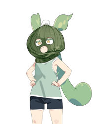 Rule 34 | 1girl, :3, balaclava, black shorts, closed mouth, green hair, green tank top, hands on own hips, karei, long hair, mask, orange eyes, pom pom (clothes), short shorts, shorts, simple background, solo, tank top, very long hair, voicevox, white background, zundamon