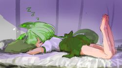 Rule 34 | 1girl, absurdres, barefoot, blush, closed eyes, commentary, facing viewer, feet up, from side, full body, green hair, green shorts, head on pillow, highres, kabuyama kaigi, long hair, low ponytail, lying, hugging object, on bed, on stomach, one eye covered, open mouth, pillow, pillow hug, puffy short sleeves, puffy shorts, puffy sleeves, purple curtains, shirt, short sleeves, shorts, sleeping, solo, the pose, very long hair, voicevox, white shirt, zundamon, zzz