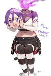 Rule 34 | 1girl, artist name, belt, choker, conto, dullahan, fire, fishnet top, fishnets, fire, highres, holding head, looking at viewer, midriff, miniskirt, navel, original, pleated skirt, purple eyes, purple hair, short hair, simple background, sitting, skirt, solo, thighhighs, white background, wide hips
