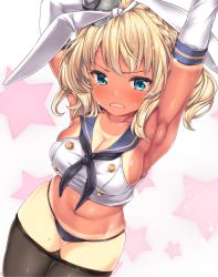 Rule 34 | 1girl, armpits, arms up, bad id, bad twitter id, black neckerchief, black panties, black pantyhose, blonde hair, blue eyes, blush, braid, breasts, capelet, clothes pull, colorado (kancolle), commentary request, cosplay, cowboy shot, crop top, crying, crying with eyes open, elbow gloves, french braid, gloves, hair ribbon, hairband, kantai collection, large breasts, looking at viewer, navel, neckerchief, necktie, nijimoto hirok, open mouth, panties, pantyhose, pantyhose pull, ribbon, sailor collar, school uniform, serafuku, shimakaze (kancolle), shimakaze (kancolle) (cosplay), short hair, sidelocks, skindentation, solo, star (symbol), sweat, tan, tanline, tears, underwear, white gloves, white ribbon