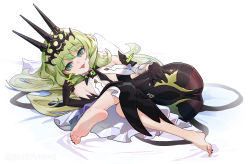 Rule 34 | 1girl, absurdres, bad id, bad pixiv id, barefoot, feet, green eyes, green hair, hair between eyes, highres, honkai (series), honkai impact 3rd, long hair, looking at viewer, lying, mobius (honkai impact), on side, soles, solo, toes, tongue, tongue out, white background