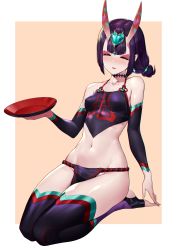 Rule 34 | 1girl, absurdres, black fundoshi, black thighhighs, breasts, chinese clothes, closed eyes, cup, detached sleeves, dudou, eyeliner, eyeshadow, fate/grand order, fate (series), forehead jewel, fundoshi, headpiece, highres, horns, japanese clothes, makeup, navel, oni, panye, purple hair, red eyeshadow, sakazuki, seiza, short eyebrows, short hair, shuten douji (fate), shuten douji (fate/grand order), shuten douji (halloween caster) (fate), sitting, skin-covered horns, small breasts, solo, star (symbol), star print, stirrup legwear, thighhighs, toeless legwear, twintails