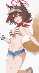 Rule 34 | 1girl, absurdres, animal ear fluff, animal ears, bare shoulders, bikini, blue archive, blue bikini, blue shorts, breasts, brown hair, commentary, denim, denim shorts, eyeshadow, fox ears, fox girl, fox tail, halo, hat, highleg, highleg bikini, highres, izuna (blue archive), izuna (swimsuit) (blue archive), kushira137, looking at viewer, makeup, medium breasts, micro shorts, multicolored clothes, multicolored hat, navel, open fly, open mouth, pink halo, red eyeshadow, red scarf, rope, scarf, scrunchie, shimenawa, short hair, short shorts, shorts, simple background, smile, solo, stomach, striped bikini, striped clothes, striped scrunchie, swimsuit, tail, thighs, visor cap, white background, wrist scrunchie, yellow eyes, yellow hat
