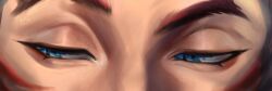 Rule 34 | 1boy, blue eyes, close-up, eye focus, eye reflection, eyelashes, highres, league of legends, looking to the side, monkae (m0nkaeee), rakan (league of legends), red hair, reflection, solo